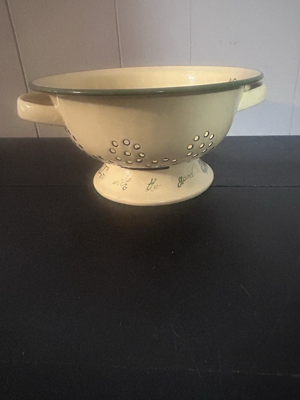 Vintage Enamelware Footed Colander Strainer Yellow Green Floral Farmhouse
